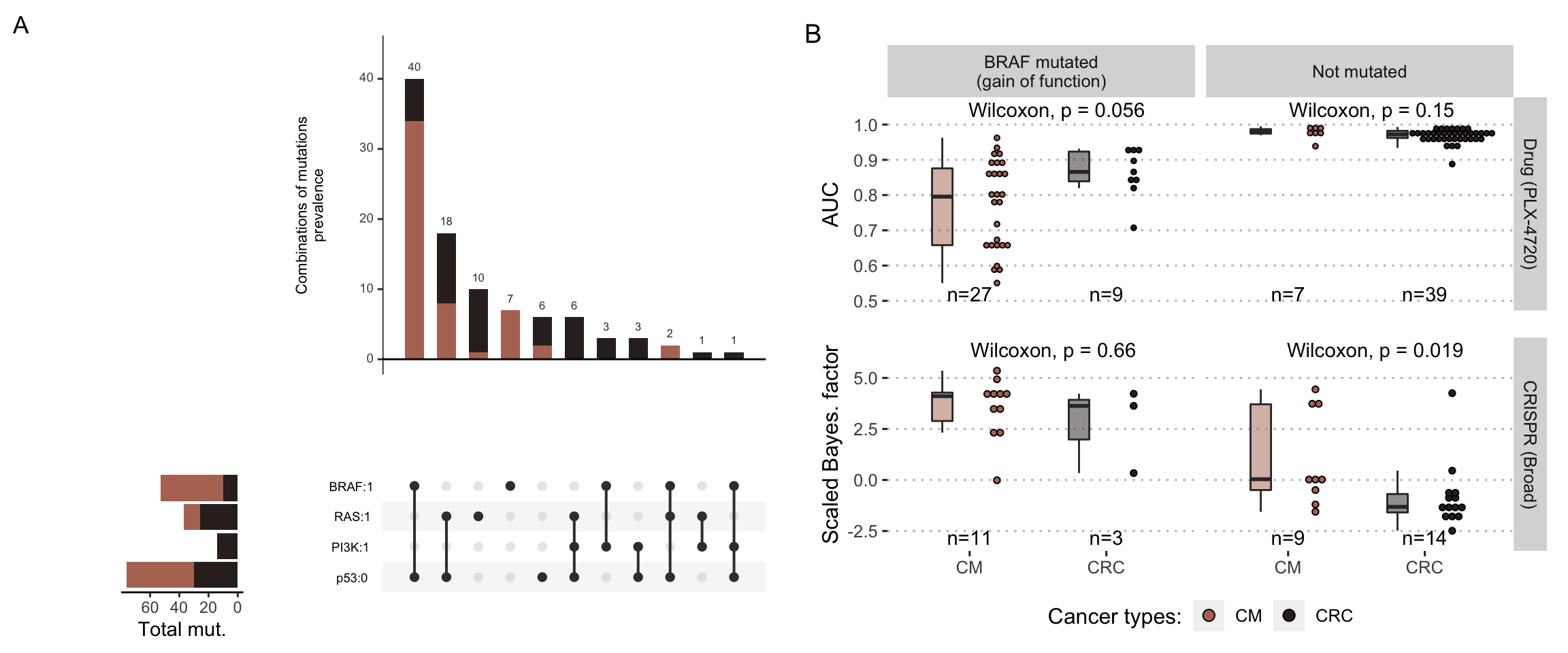 Descriptive analysis of cell lines for melanomas and colorectal cancers. (A) Number of cell lines for the four most frequently mutated genes and their combinations (plot from UpSetR package (Conway, Lex, and Gehlenborg 2017)). (B) Differential sensitivities to BRAF inhibition by the drug PLX-4720 (lower panel) or by CRISPR inhibition (upper panel), depending on BRAF mutational status and cancer type. Numbers of cell lines in each category are indicated. Note that high sensitivities correspond to low AUC and high scaled Bayesian factors.