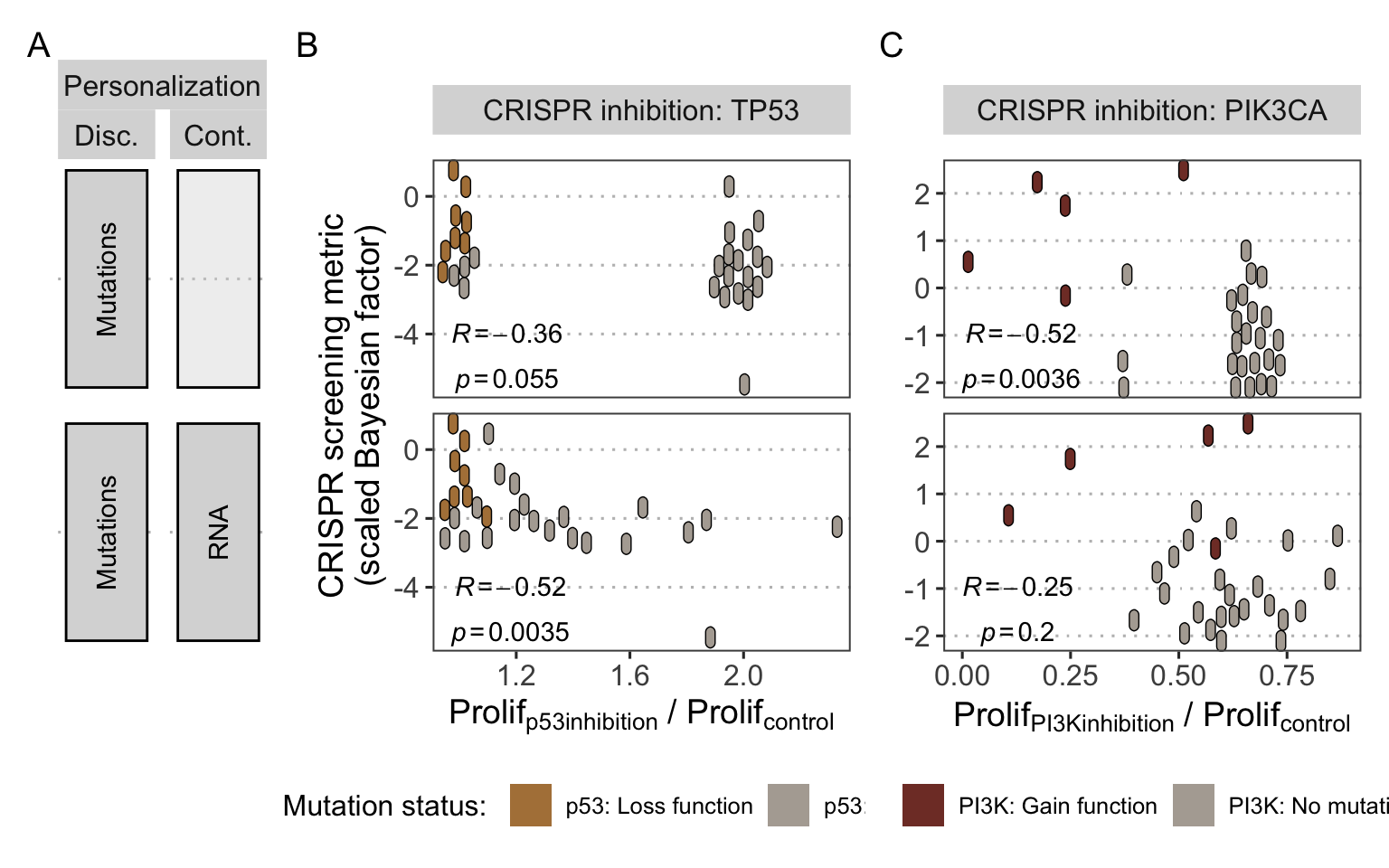 Application of personalized models to other CRISPR targets. (A) Personalization strategies using either mutations only (as discrete data) or combined with RNA (as continuous data) with their corresponding scatter plots in panels B and C. (B) Scatter plot comparing normalized Proliferation scores of p53 inhibition in the models with experiment sensitivity of cell lines to TP53 CRISPR inhibition, indicating p53 mutational status as interpreted in the model. Pearson correlations and the corresponding p-values are shown. (C) Similar analysis as in panel B with PI3K model node and PIK3CA CRISPR inhibition.