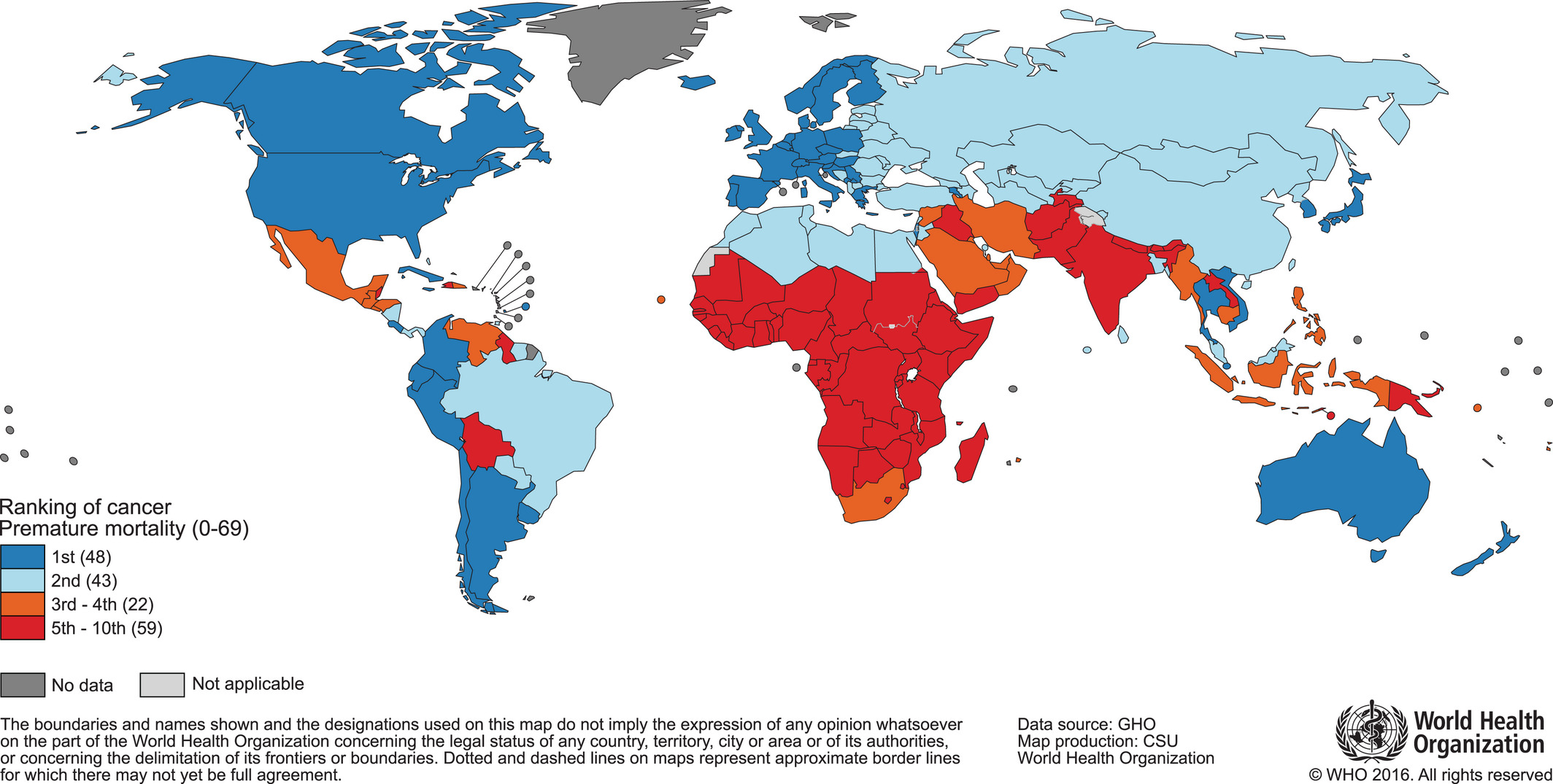 World map and national rankings of cancer as a cause of premature death. Classification of cancer as a cause of death before the age of 70, based on data for the year 2015. Original Figure, data and methods from Bray et al. (2018).