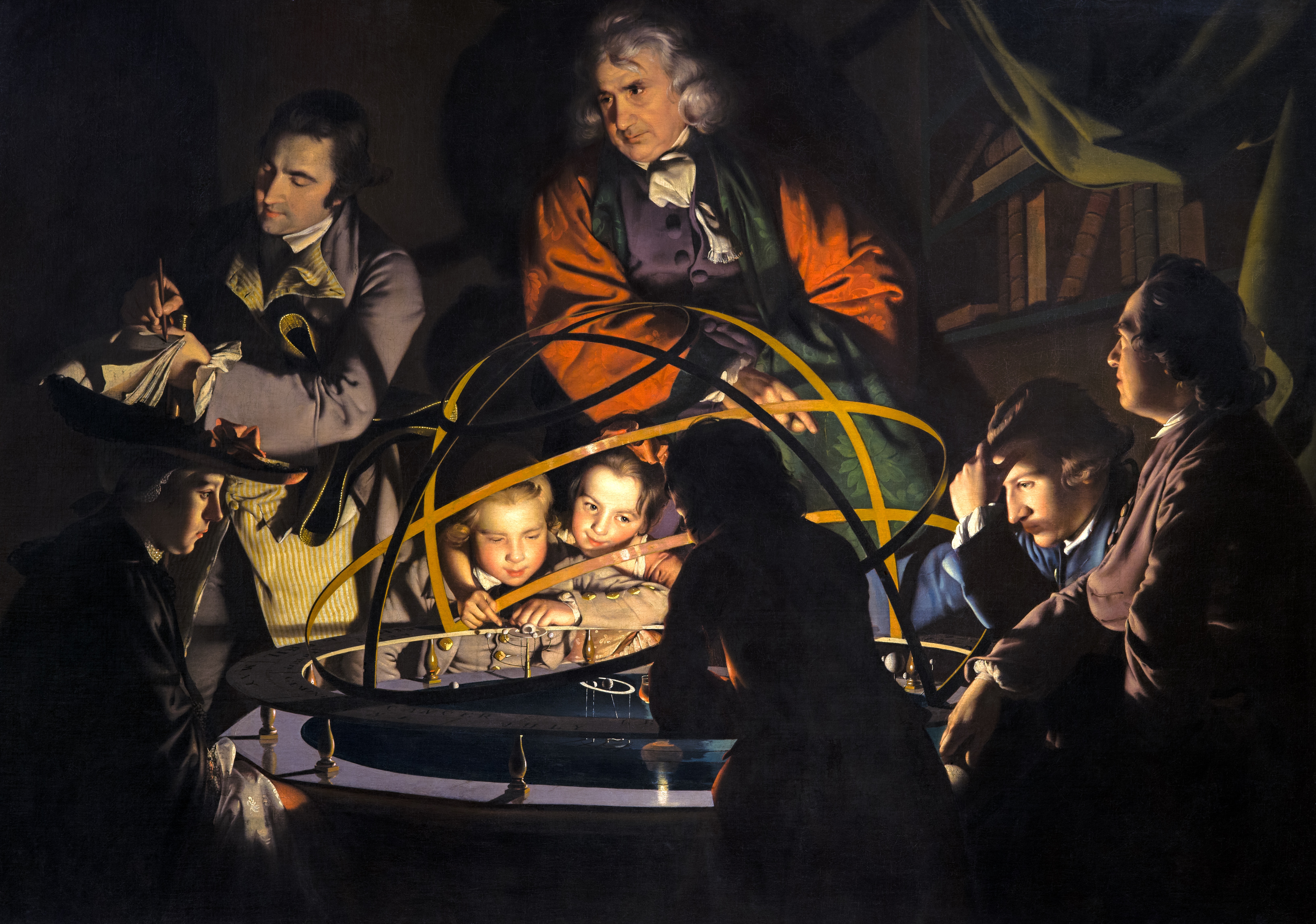 A scientist and his model. Joseph Wright of Derby, A Philosopher Giving a Lecture at the Orrery (in which a lamp is put in place of the sun), c. 1763-65, oil on canvas, Derby Museums and Art Gallery