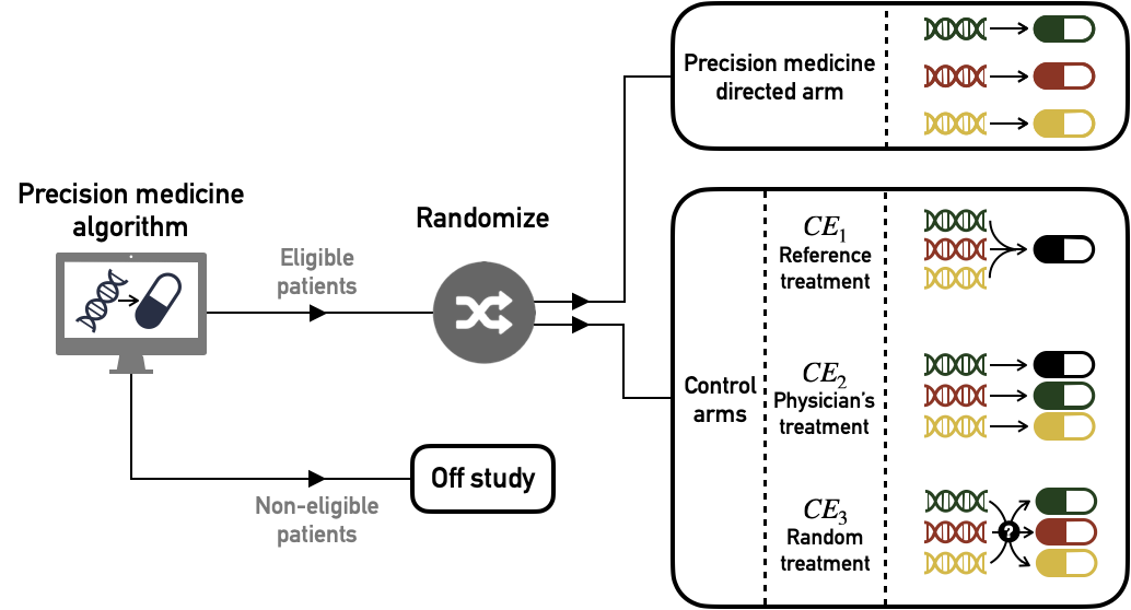 Target trials to estimate causal effect of precision medicine (PM) algorithm versus different controls. Patients are first screened according to their eligibility for the algorithm: based on their genomic characteristics patients are recommended a specific treatment (eligible) or not (no eligible). Then eligible patients are randomized and assigned either to PM-directed arm or to one of the alternative control arms (\(\text{CE}_1\), \(\text{CE}_2\) or \(\text{CE}_3\))